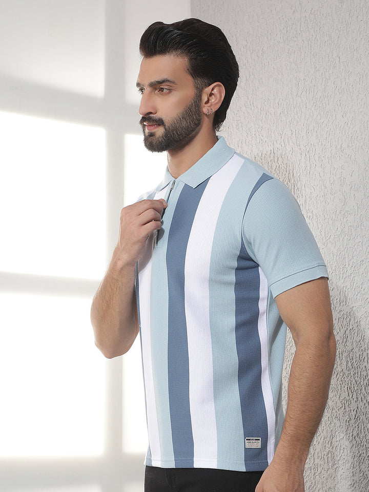 cobb sky blue striped polo neck t-shirt