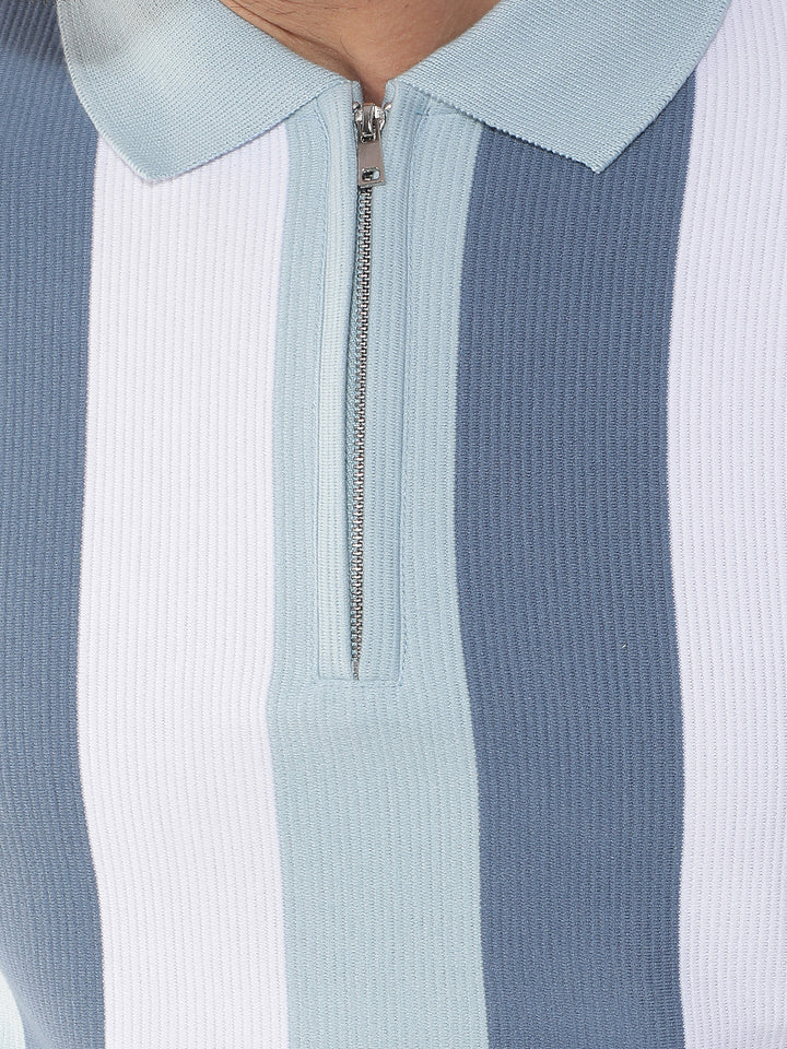 COBB SKY BLUE STRIPED POLO NECK T-SHIRT