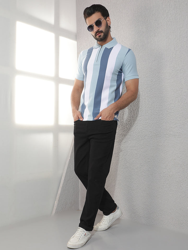 COBB SKY BLUE STRIPED POLO NECK T-SHIRT