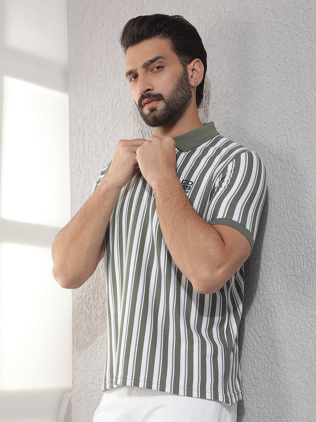 cobb olive striped polo neck t-shirt