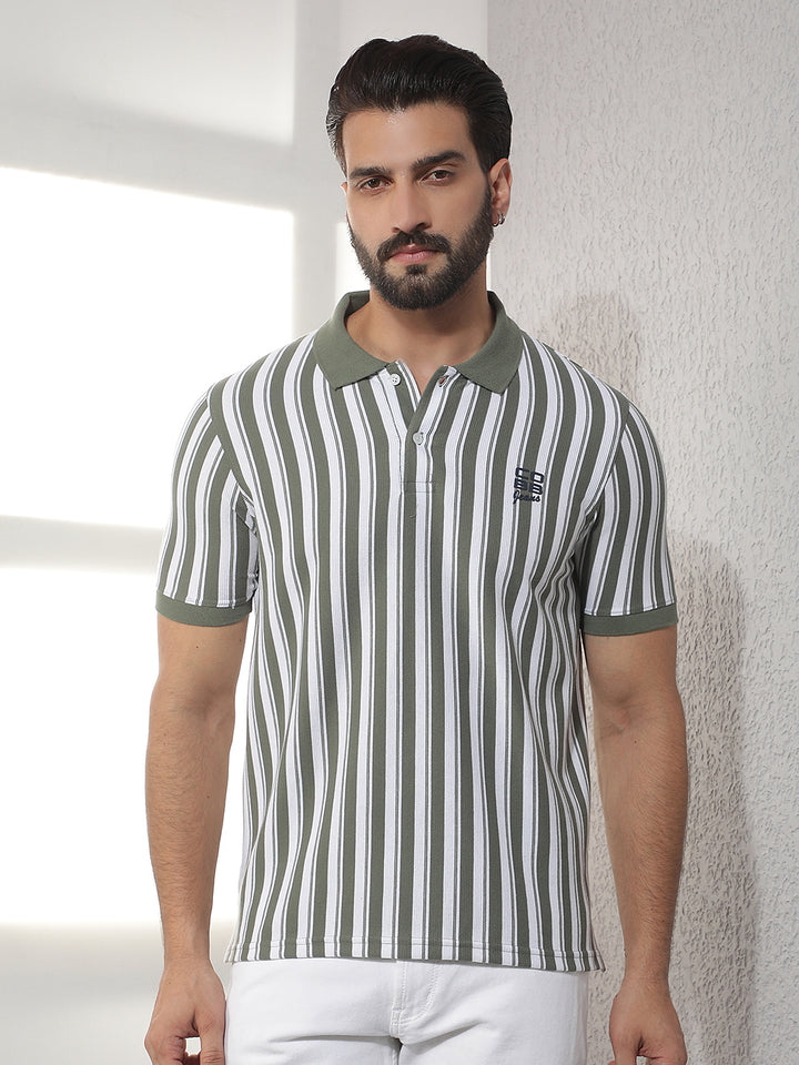 cobb olive striped polo neck t-shirt