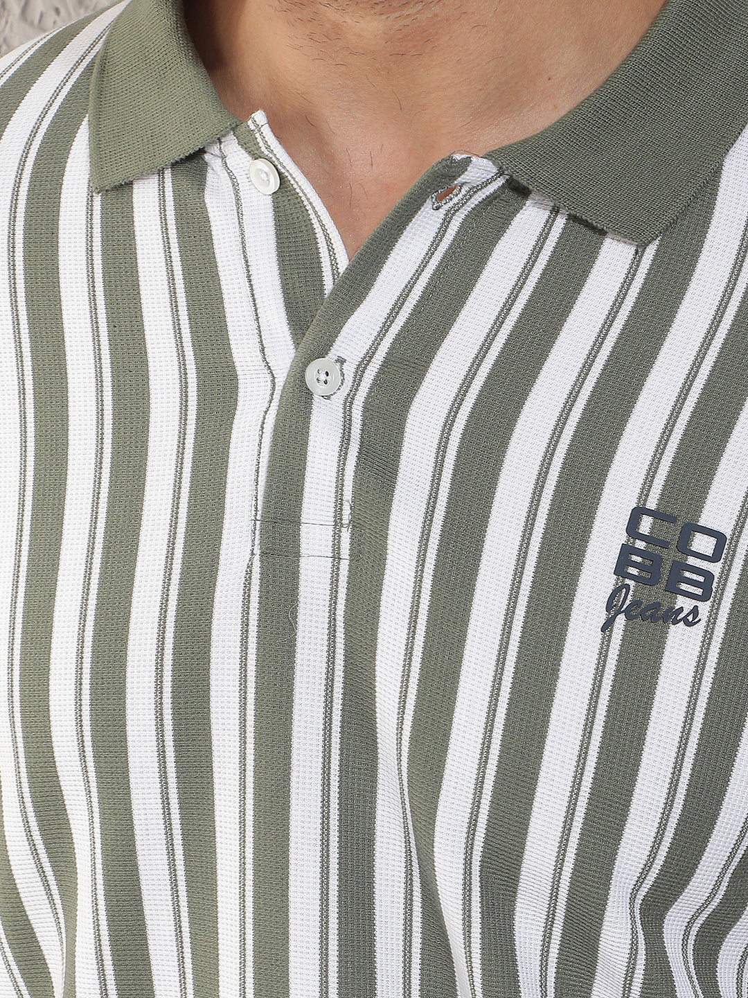 COBB OLIVE STRIPED POLO NECK T-SHIRT