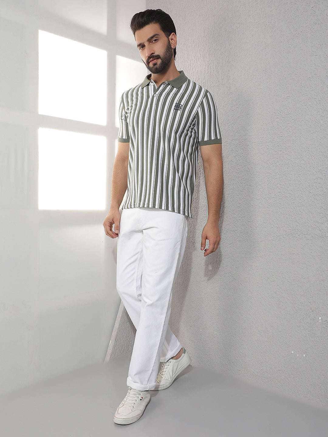 COBB OLIVE STRIPED POLO NECK T-SHIRT
