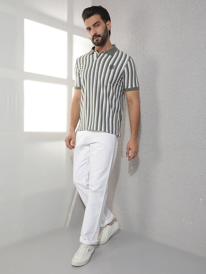 COBB OLIVE STRIPED POLO NECK T-SHIRT