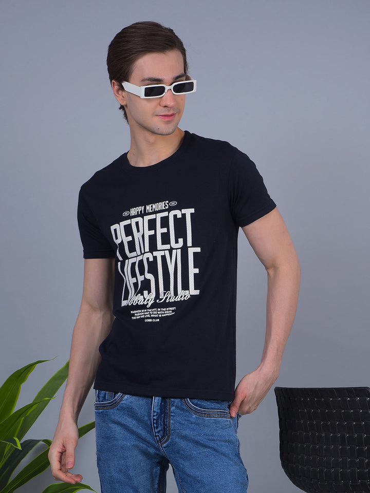 cobb navy blue printed round neck t-shirt
