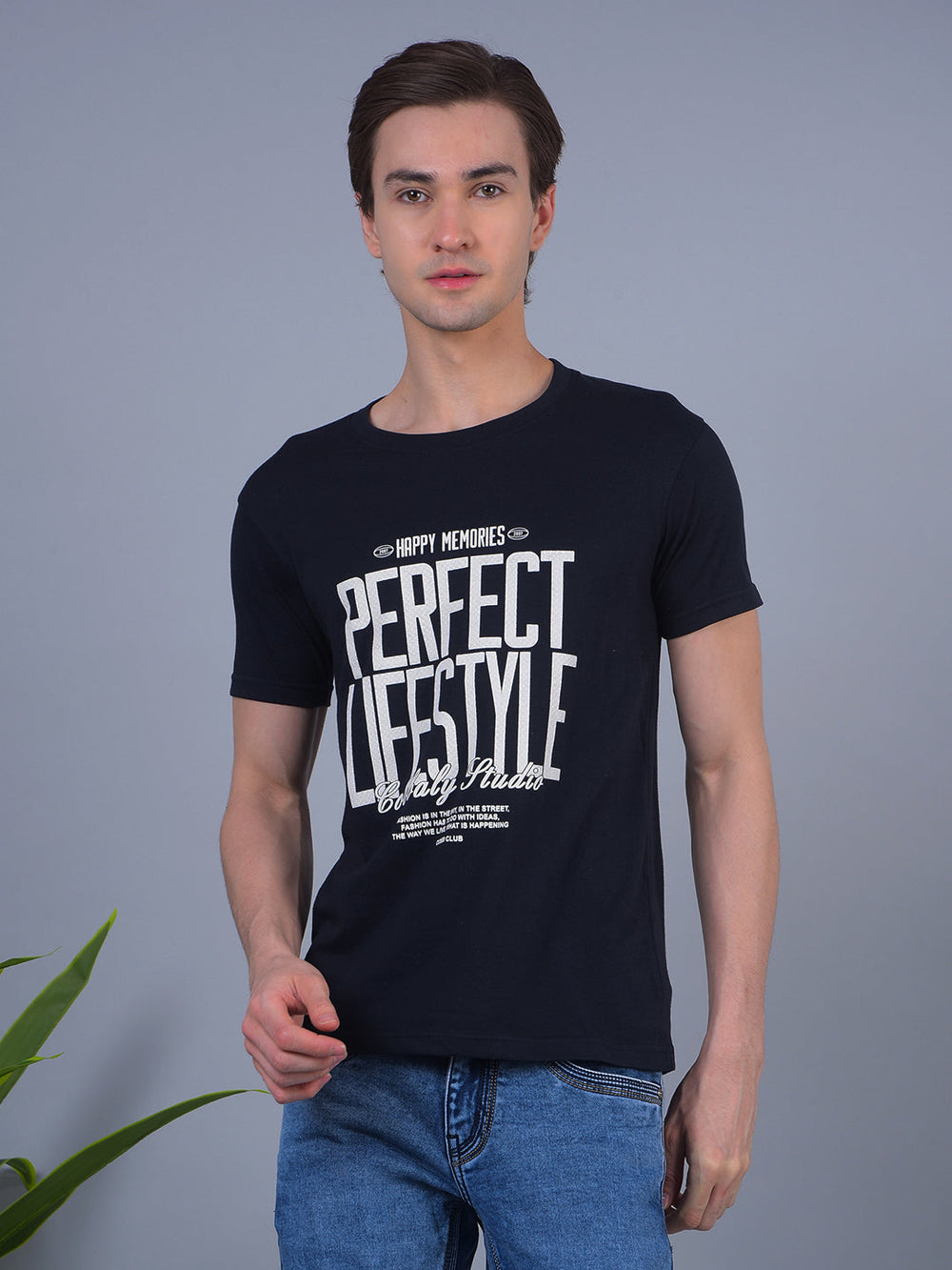 cobb navy blue printed round neck t-shirt