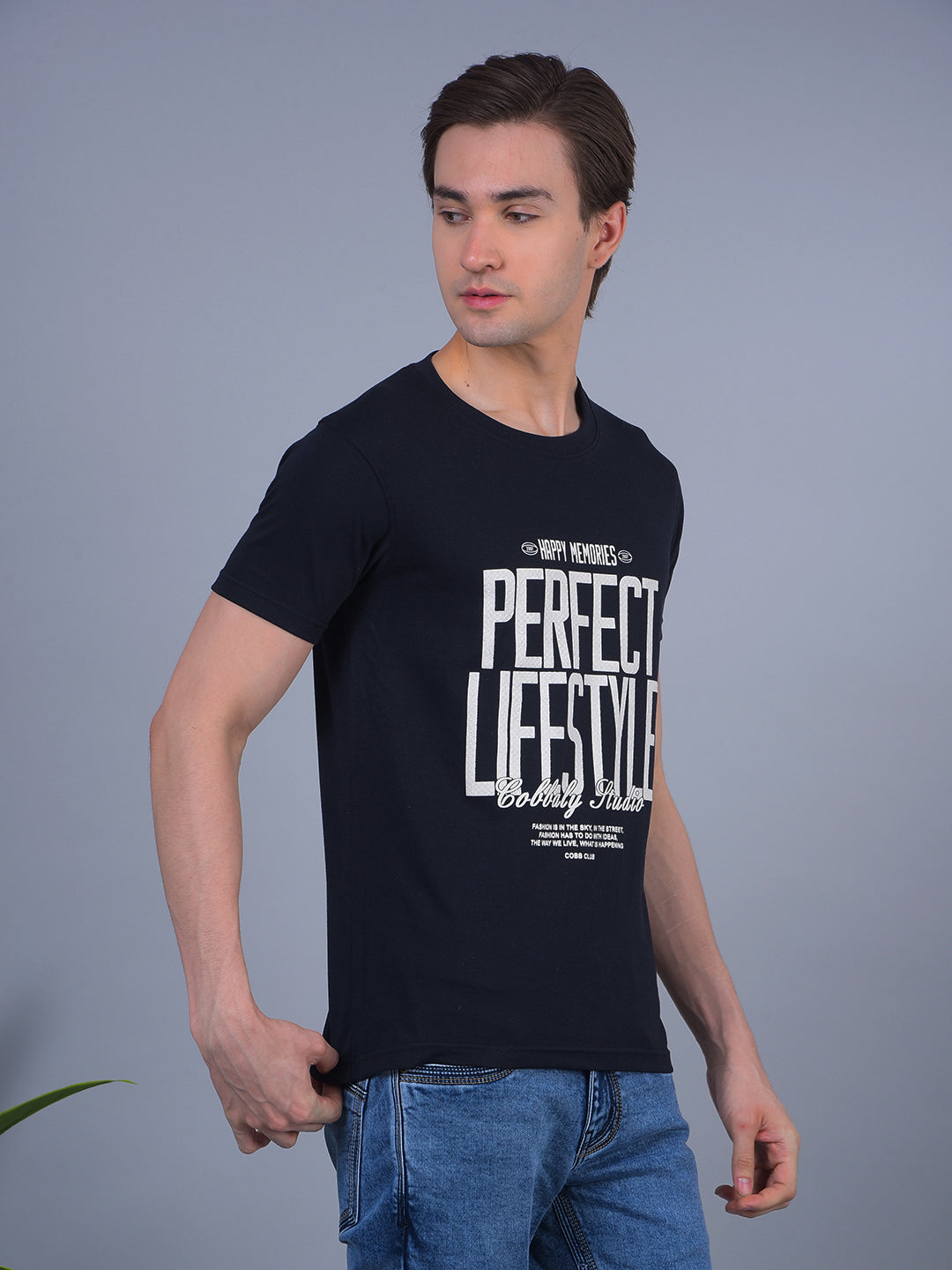 COBB NAVY BLUE PRINTED ROUND NECK T-SHIRT