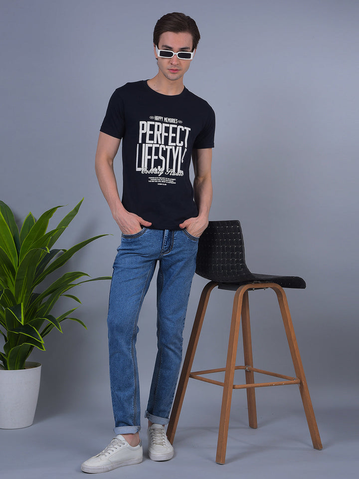COBB NAVY BLUE PRINTED ROUND NECK T-SHIRT