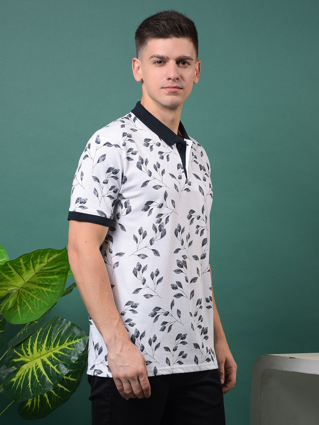 COBB WHITE PRINTED POLO NECK T-SHIRT