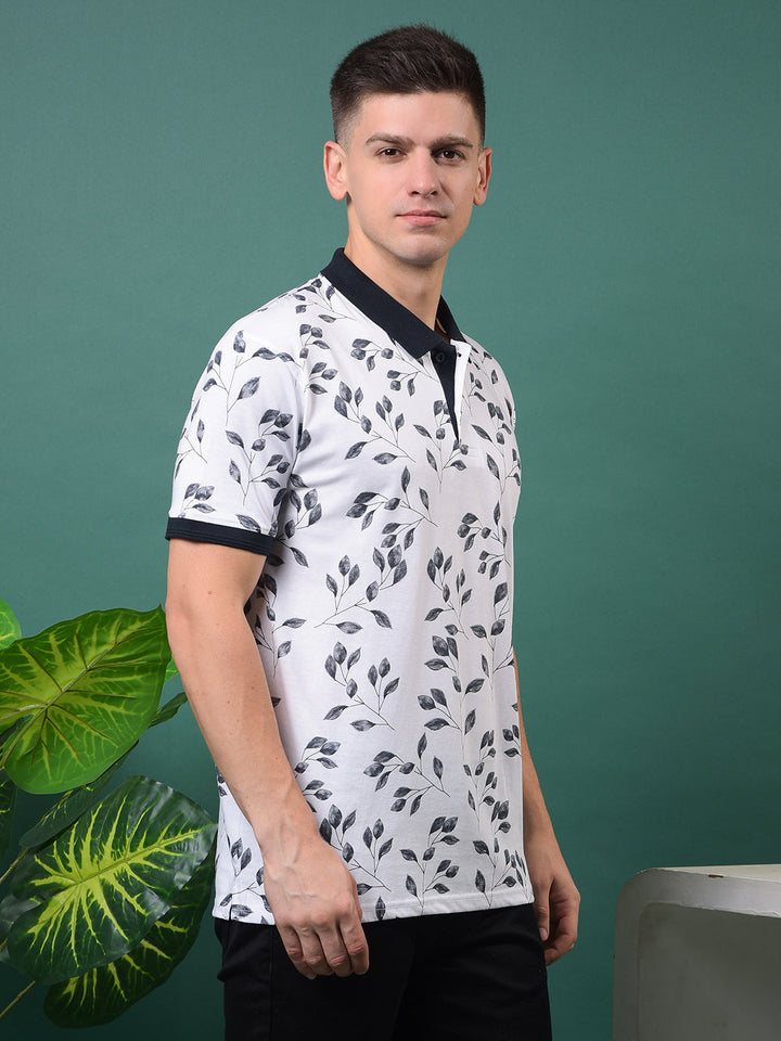 COBB WHITE PRINTED POLO NECK T-SHIRT