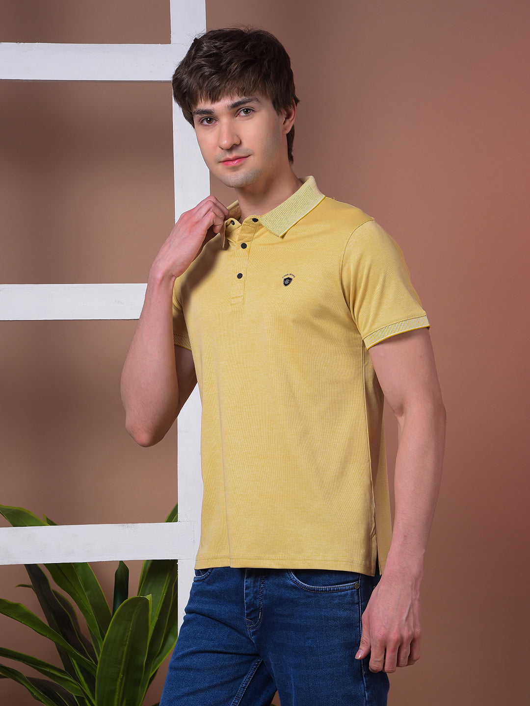 COBB MUSTARD STRIPED POLO NECK T-SHIRT