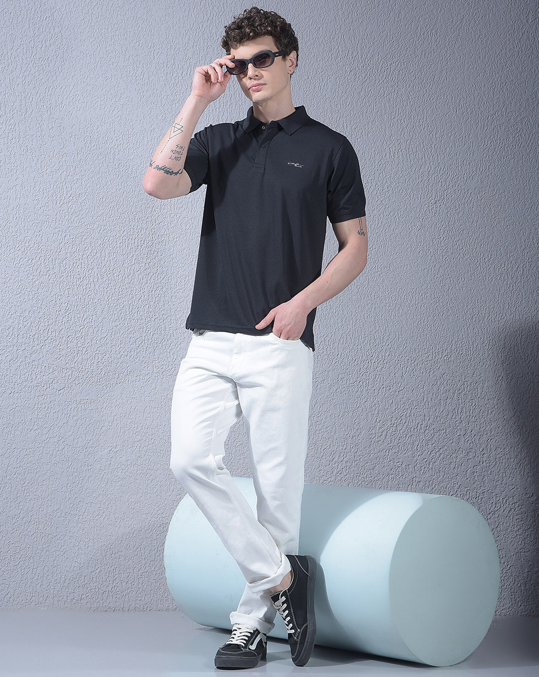 COBB BLACK STRIPED POLO NECK T-SHIRT