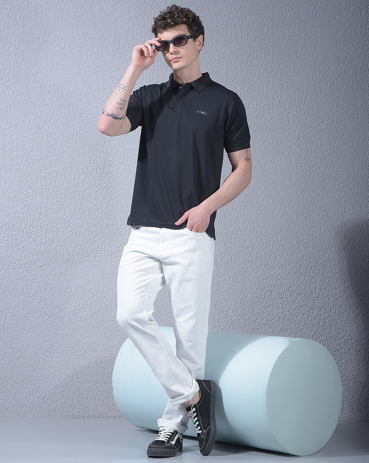 COBB BLACK STRIPED POLO NECK T-SHIRT