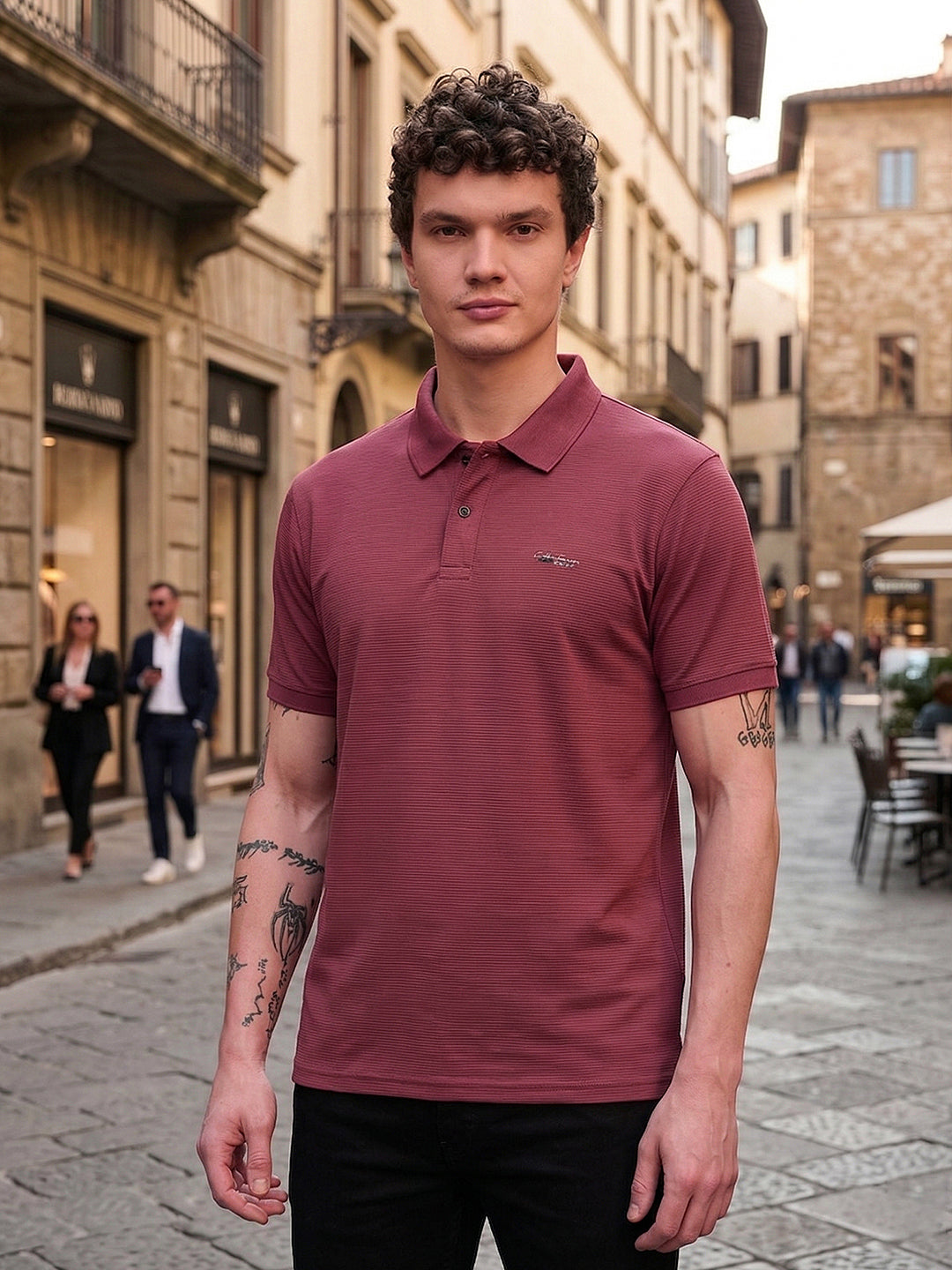 cobb mehroon striped polo neck t-shirt