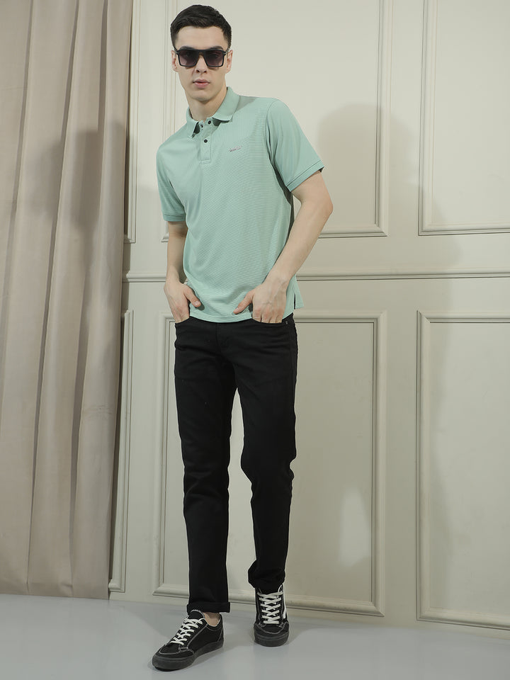 COBB SEA GREEN SOLID POLO NECK T-SHIRT