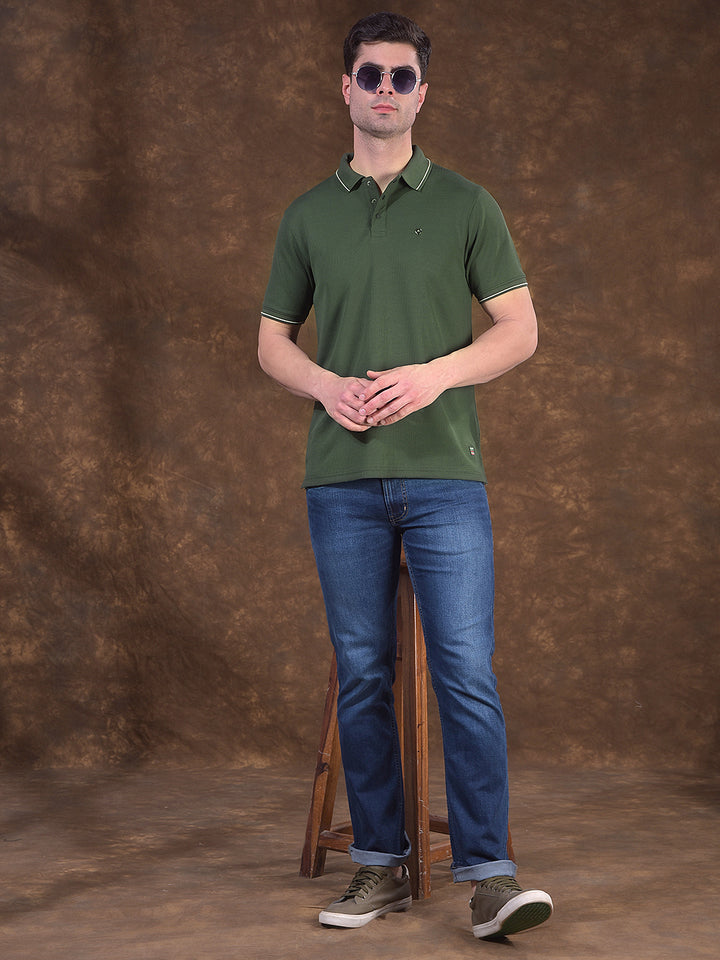 COBB OLIVE SELF-DESIGN POLO NECK T-SHIRT