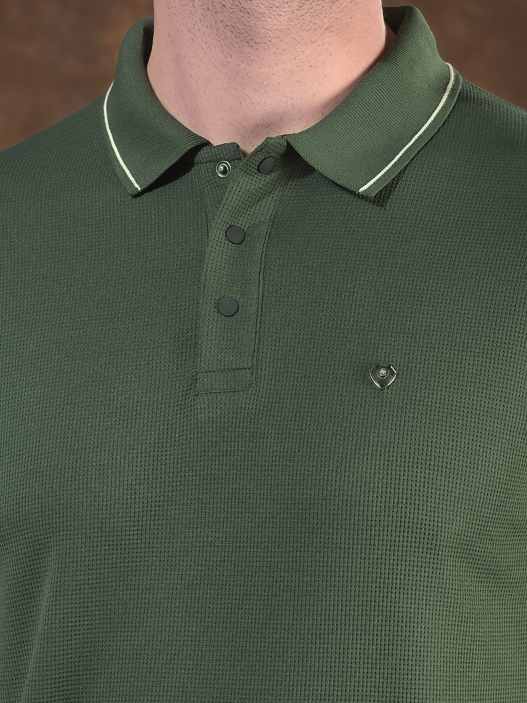 COBB OLIVE SELF-DESIGN POLO NECK T-SHIRT