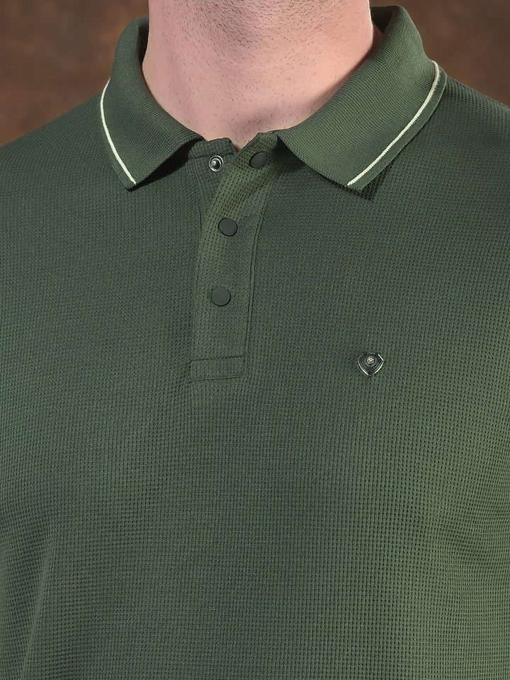 COBB OLIVE SELF-DESIGN POLO NECK T-SHIRT