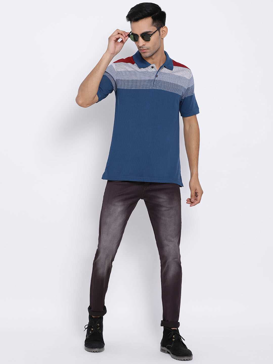 Cobb Blue Striped Polo Neck T-Shirt
