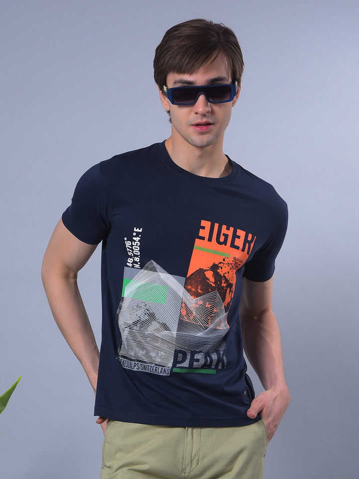 cobb navy blue printed round neck t-shirt