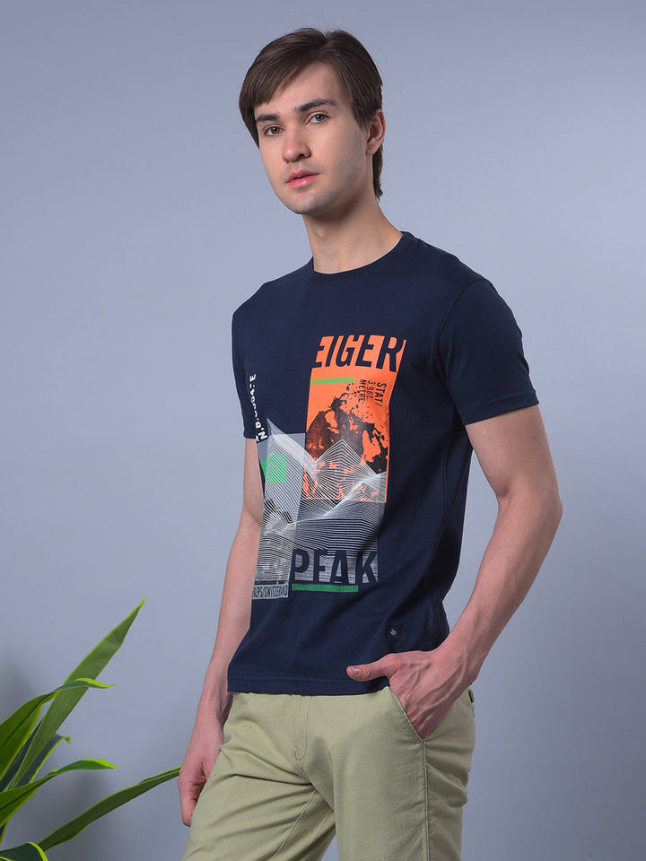 COBB NAVY BLUE PRINTED ROUND NECK T-SHIRT