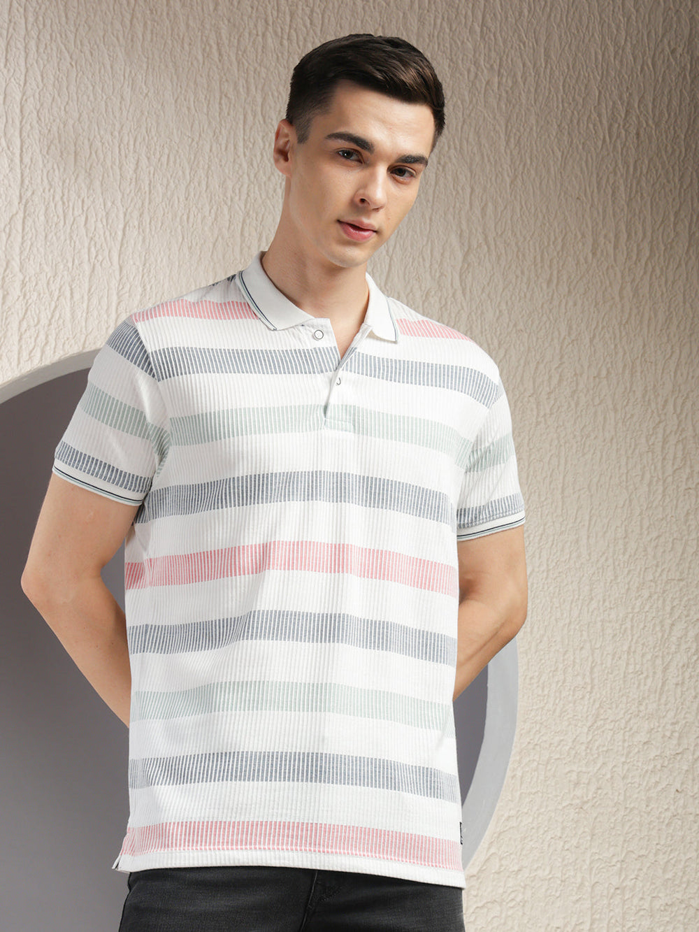 cobb white striped polo neck t-shirt