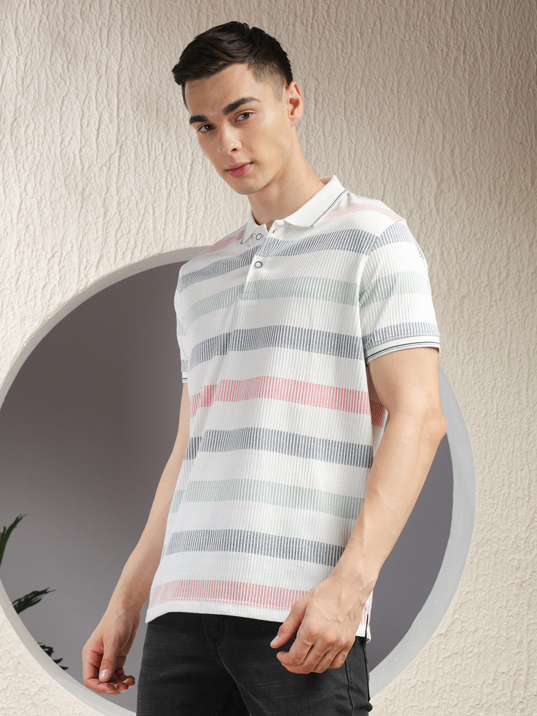 COBB WHITE STRIPED POLO NECK T-SHIRT