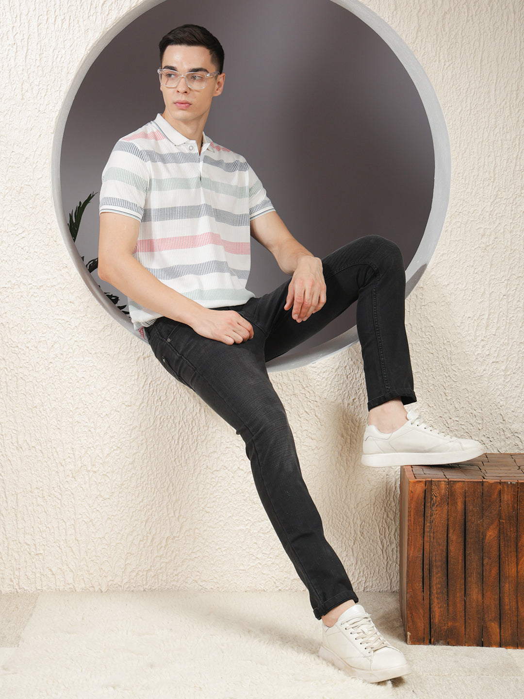 COBB WHITE STRIPED POLO NECK T-SHIRT