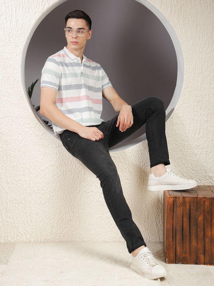 COBB WHITE STRIPED POLO NECK T-SHIRT