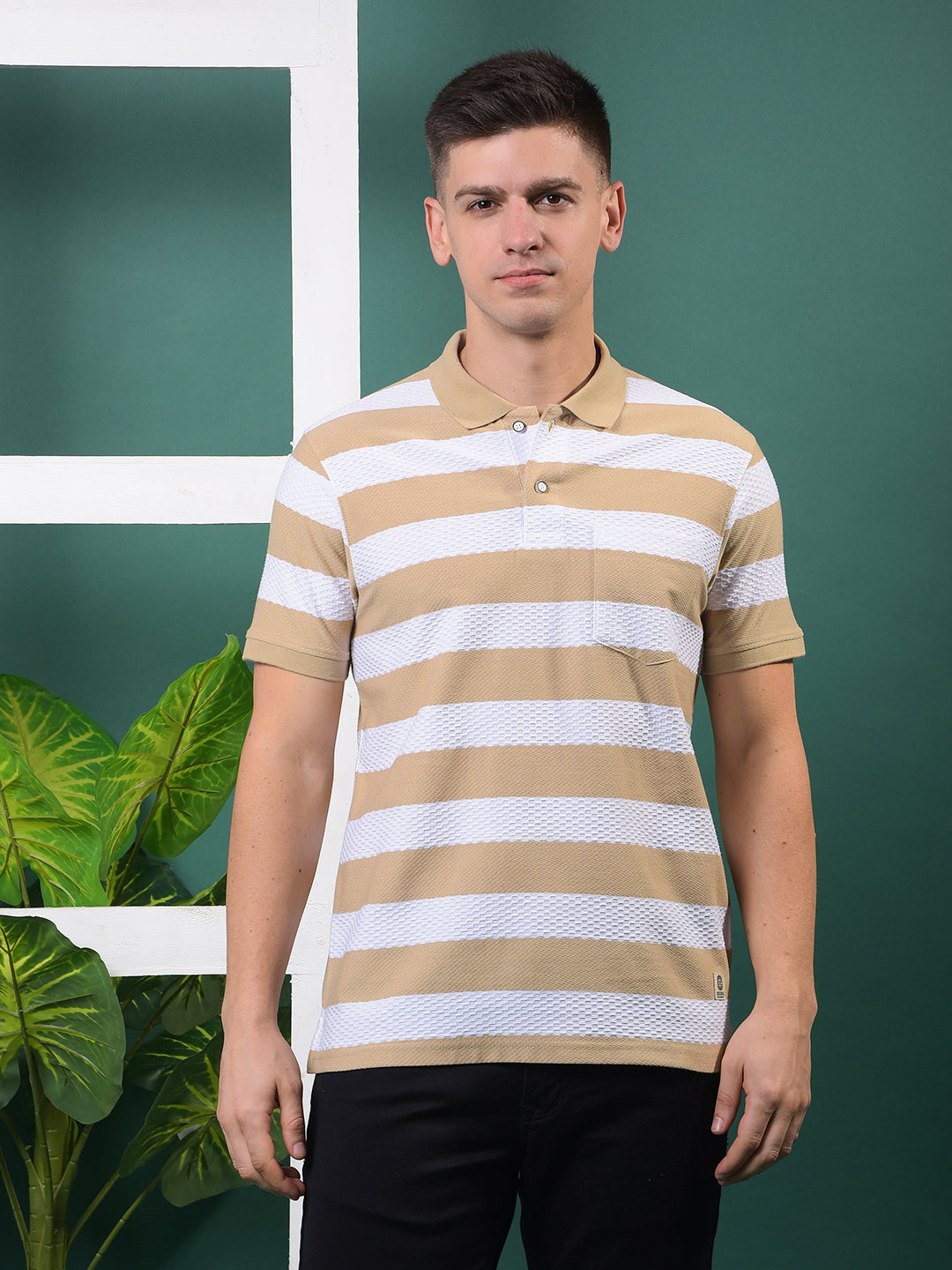 cobb beige color-block polo neck t-shirt