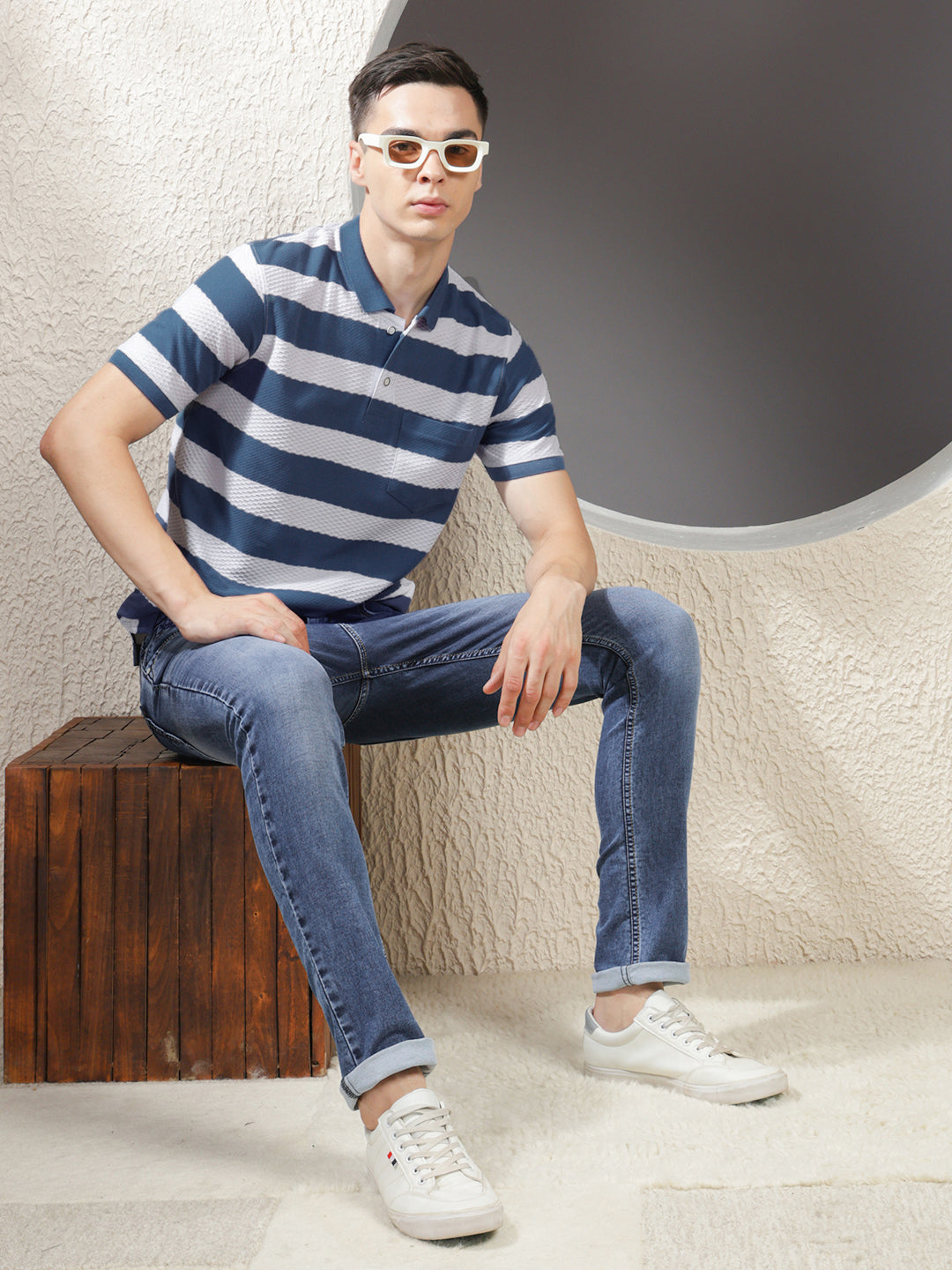 COBB BLUE COLOR-BLOCK POLO NECK T-SHIRT