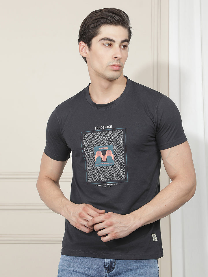 navy blue printed round tees