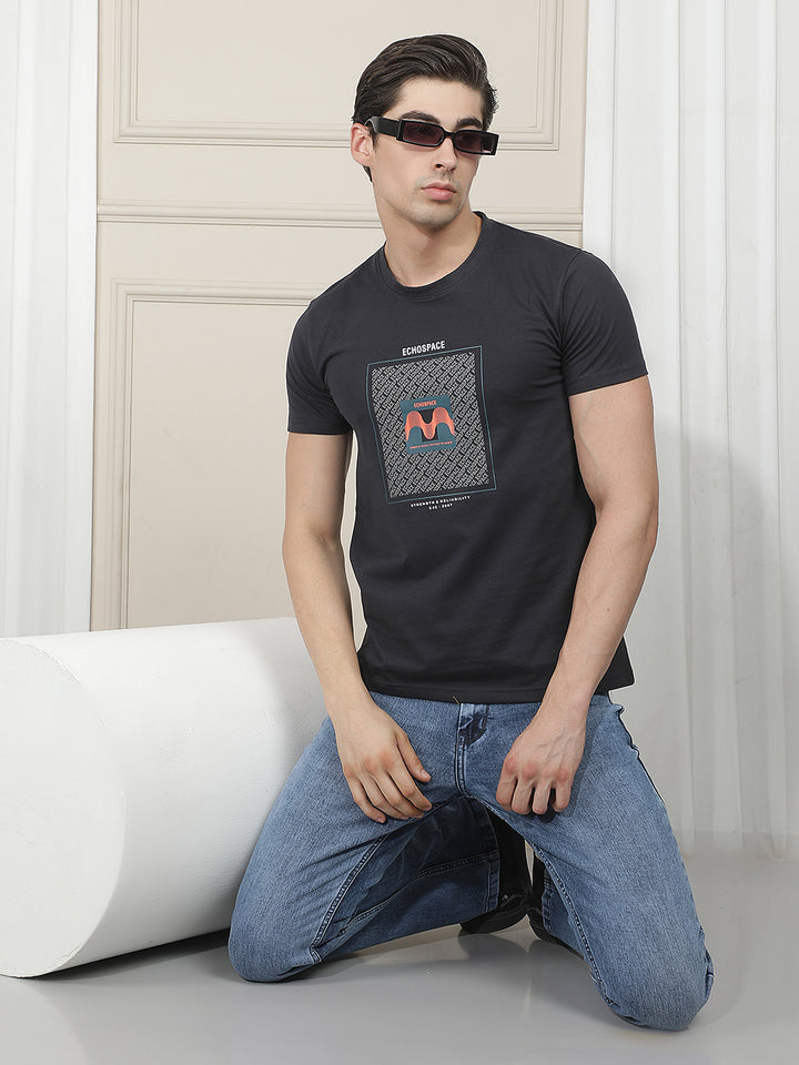 navy blue printed round tees