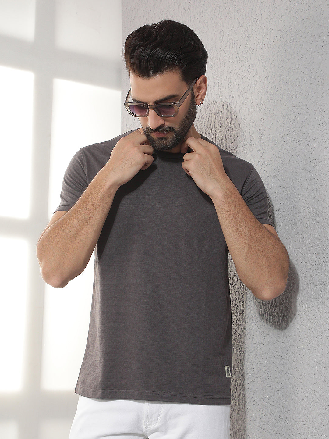 cobb grey solid round neck t-shirt