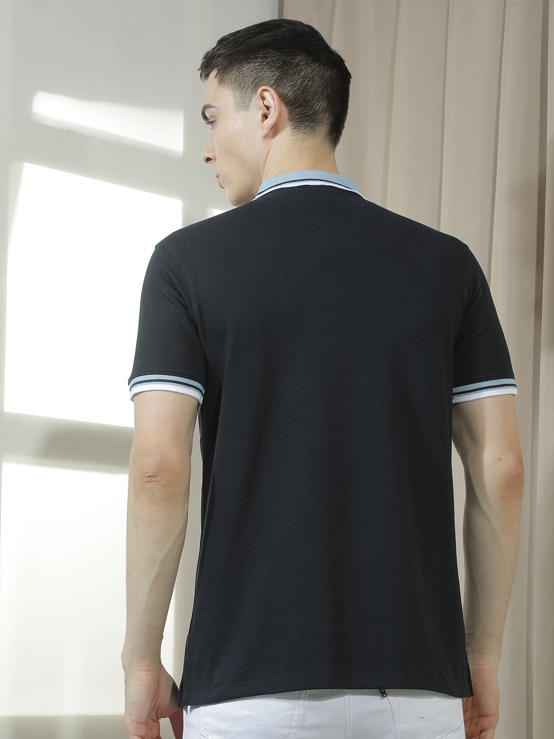 cobb navy blue solid polo neck t-shirt