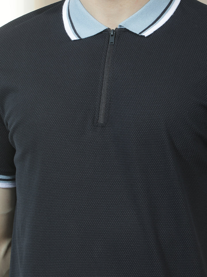COBB NAVY BLUE SOLID POLO NECK T-SHIRT