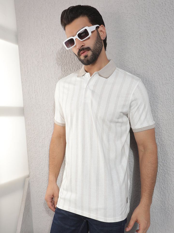 cobb beige striped polo neck t-shirt