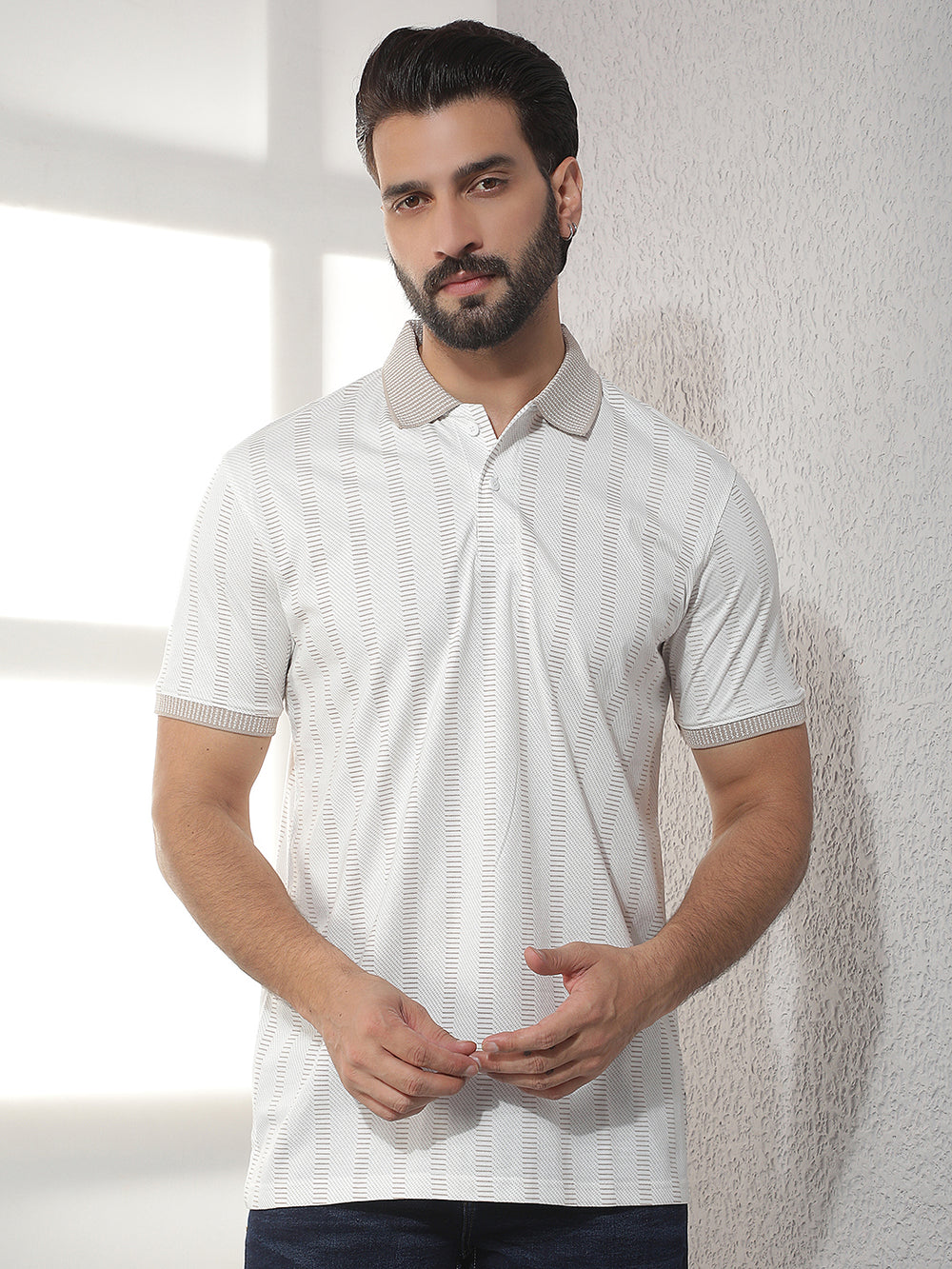 cobb beige striped polo neck t-shirt