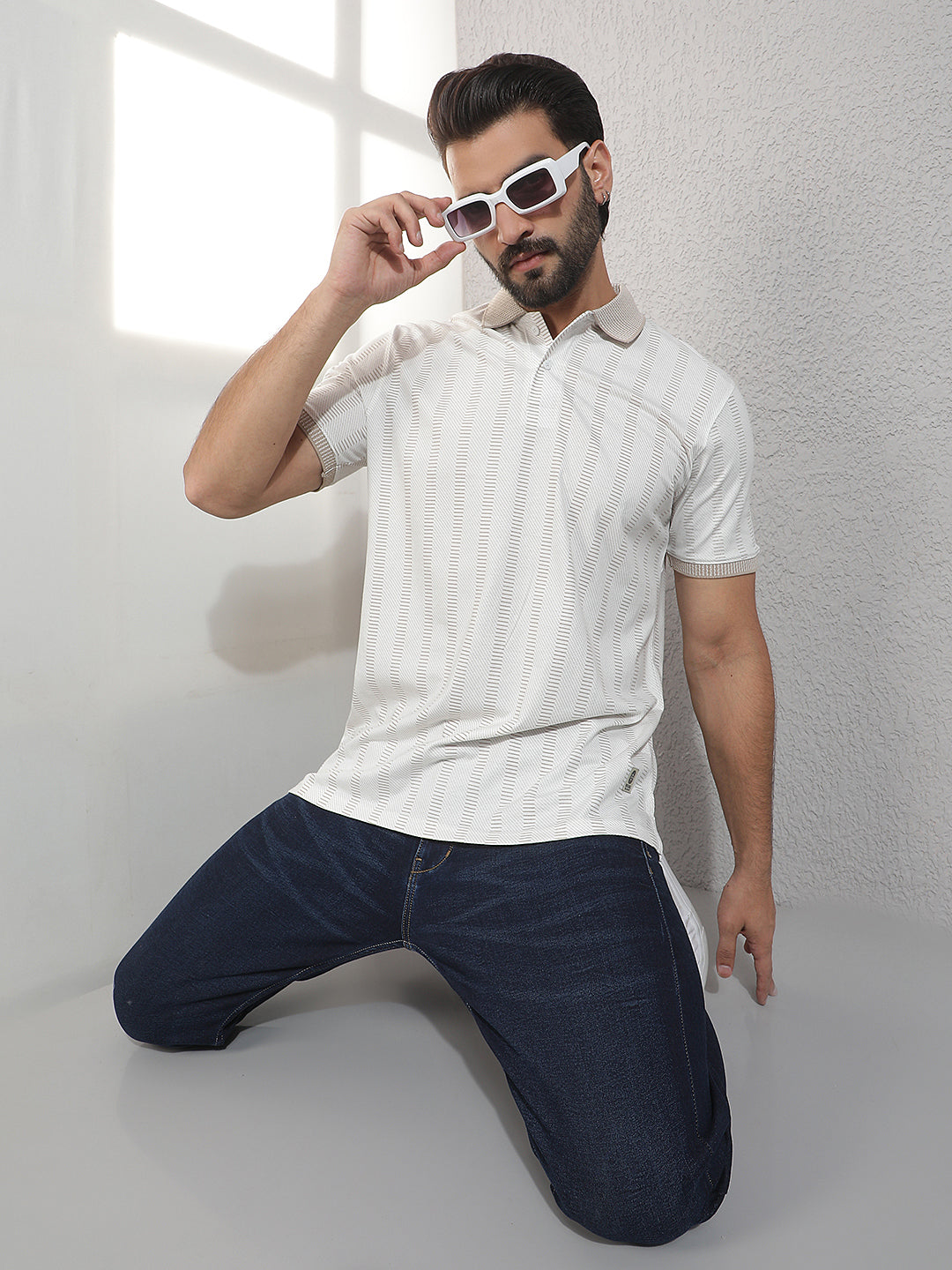 COBB BEIGE STRIPED POLO NECK T-SHIRT