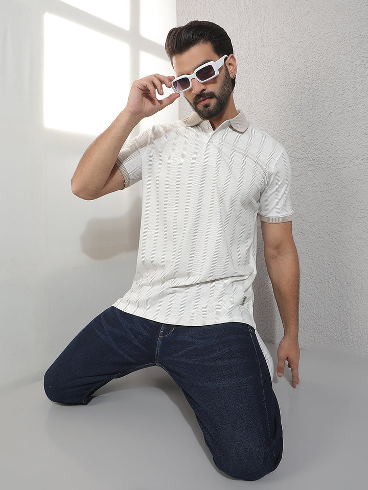 COBB BEIGE STRIPED POLO NECK T-SHIRT