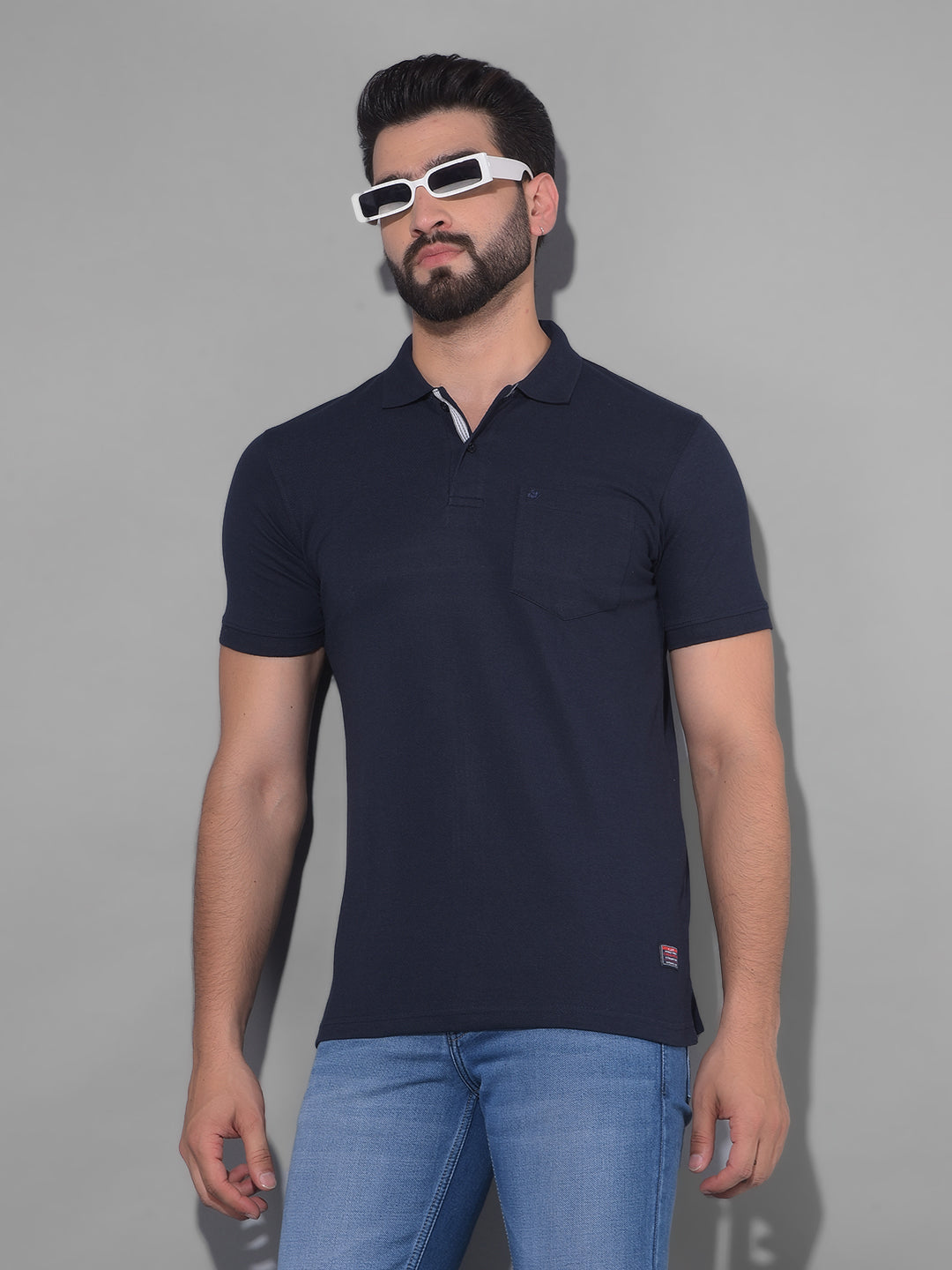 2402 Color:blue Timeless Style: Cobb Solid Navy Blue Polo Neck T-Shirt | Shop Now!