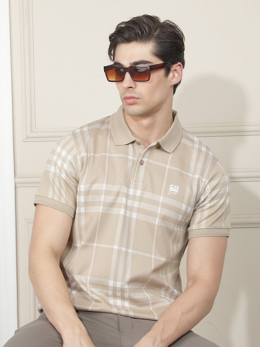 beige checked polo t-shirt