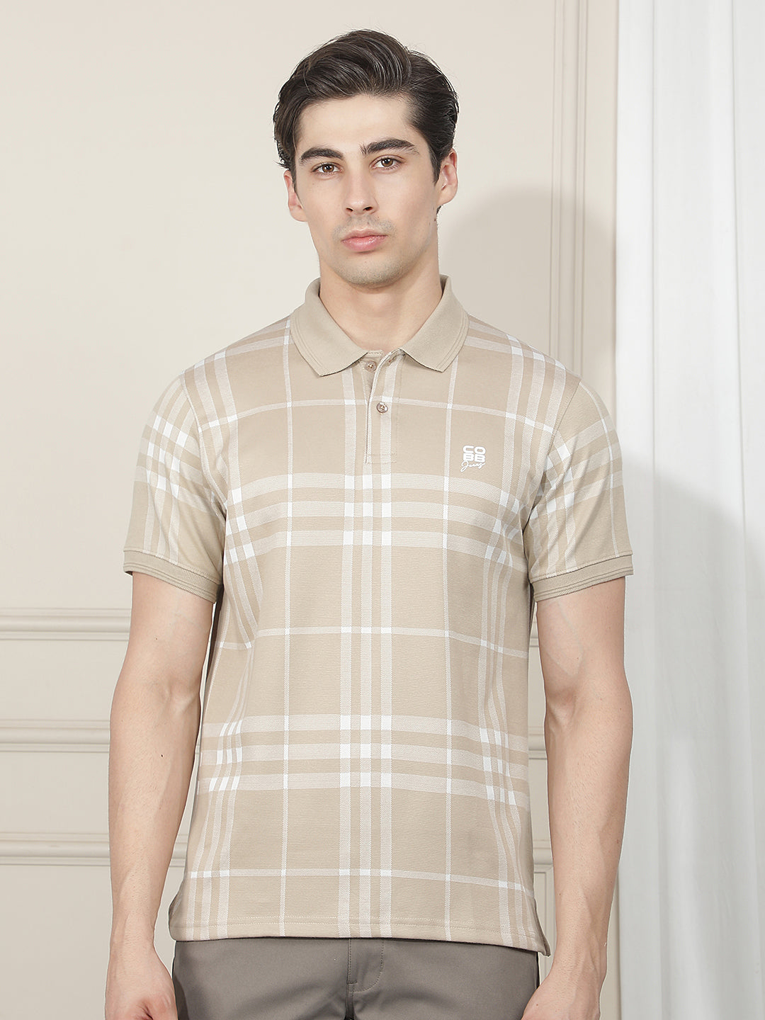 beige checked polo t-shirt