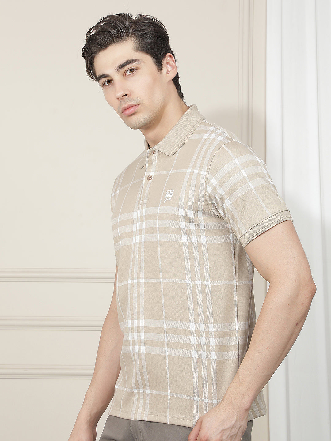 BEIGE CHECKED POLO T-SHIRT