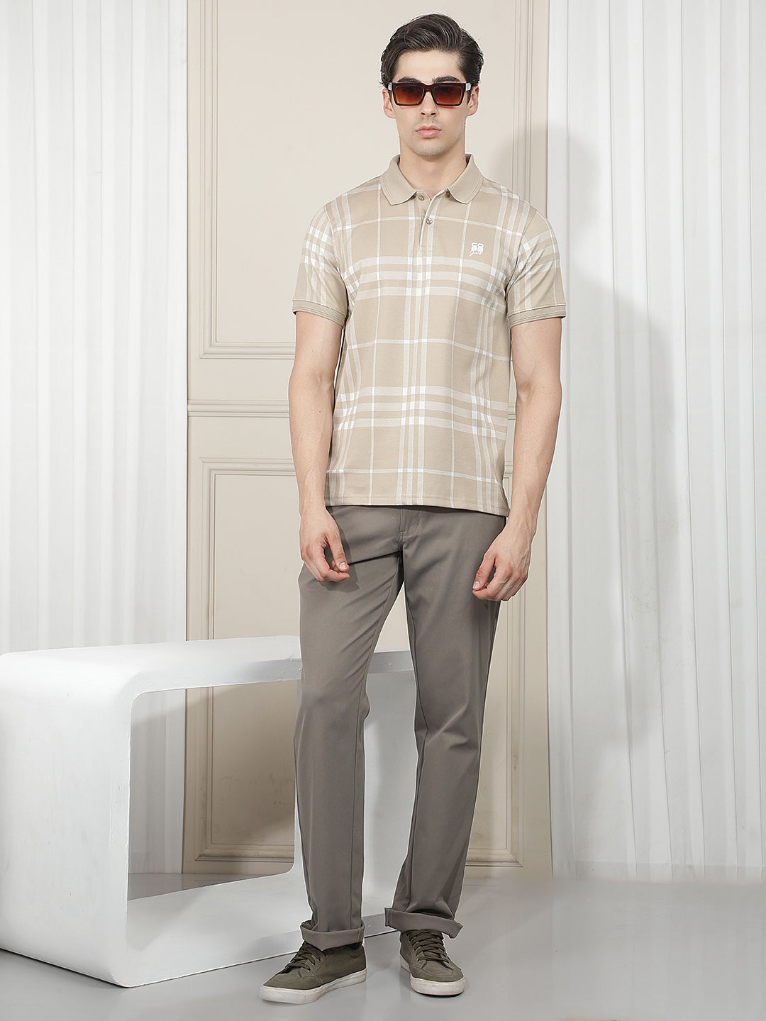 BEIGE CHECKED POLO T-SHIRT
