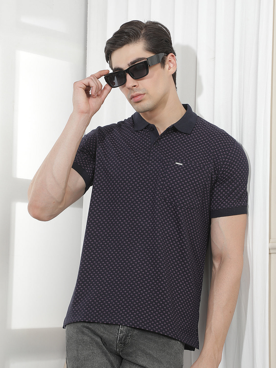 navy blue printed polo t-shirt