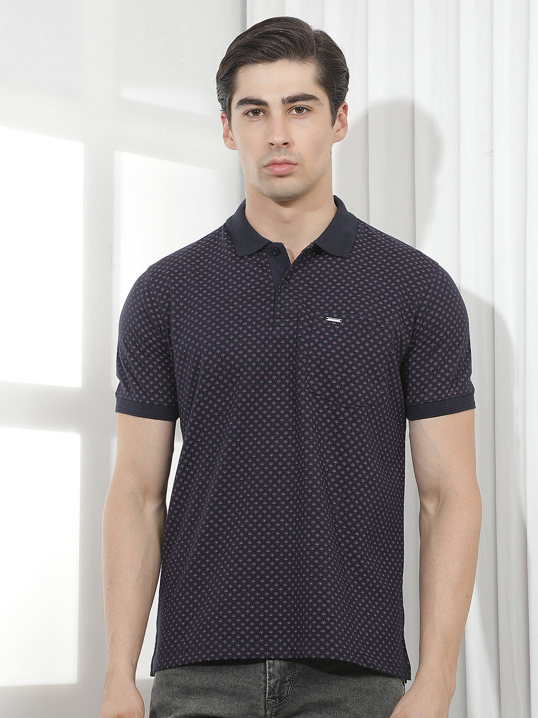 navy blue printed polo t-shirt