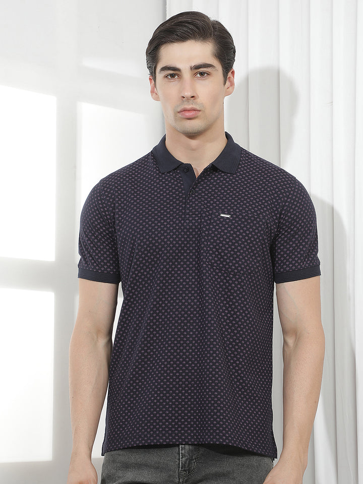 navy blue printed polo t-shirt