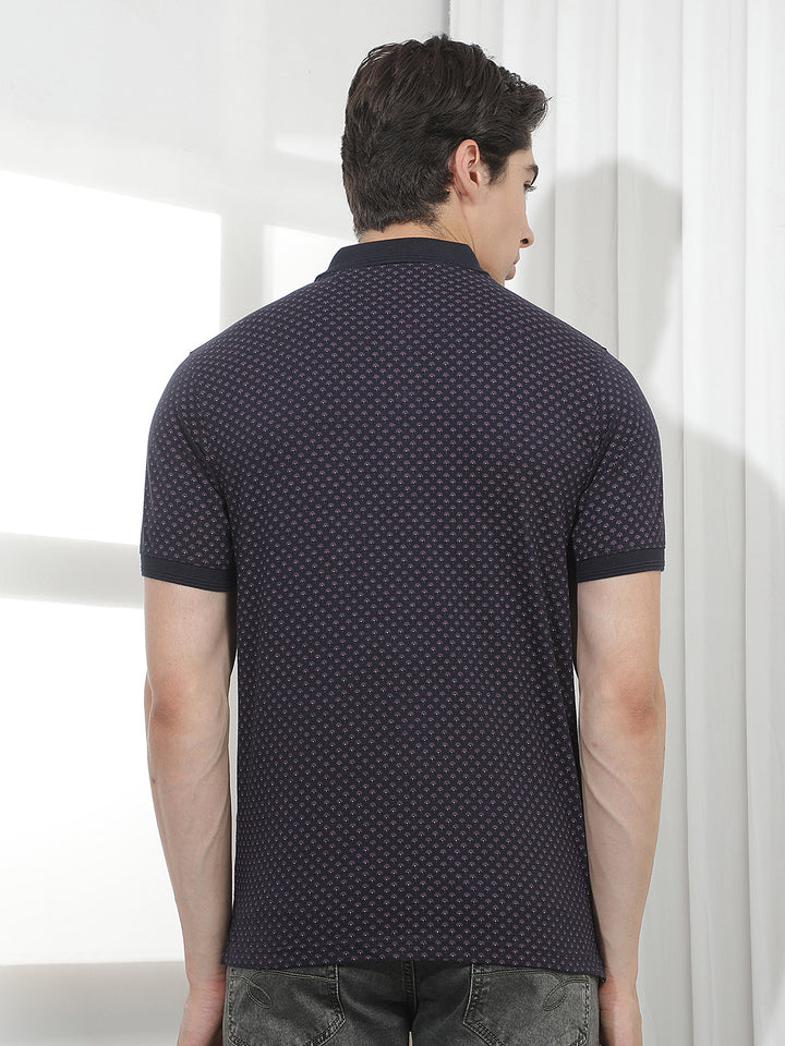 navy blue printed polo t-shirt