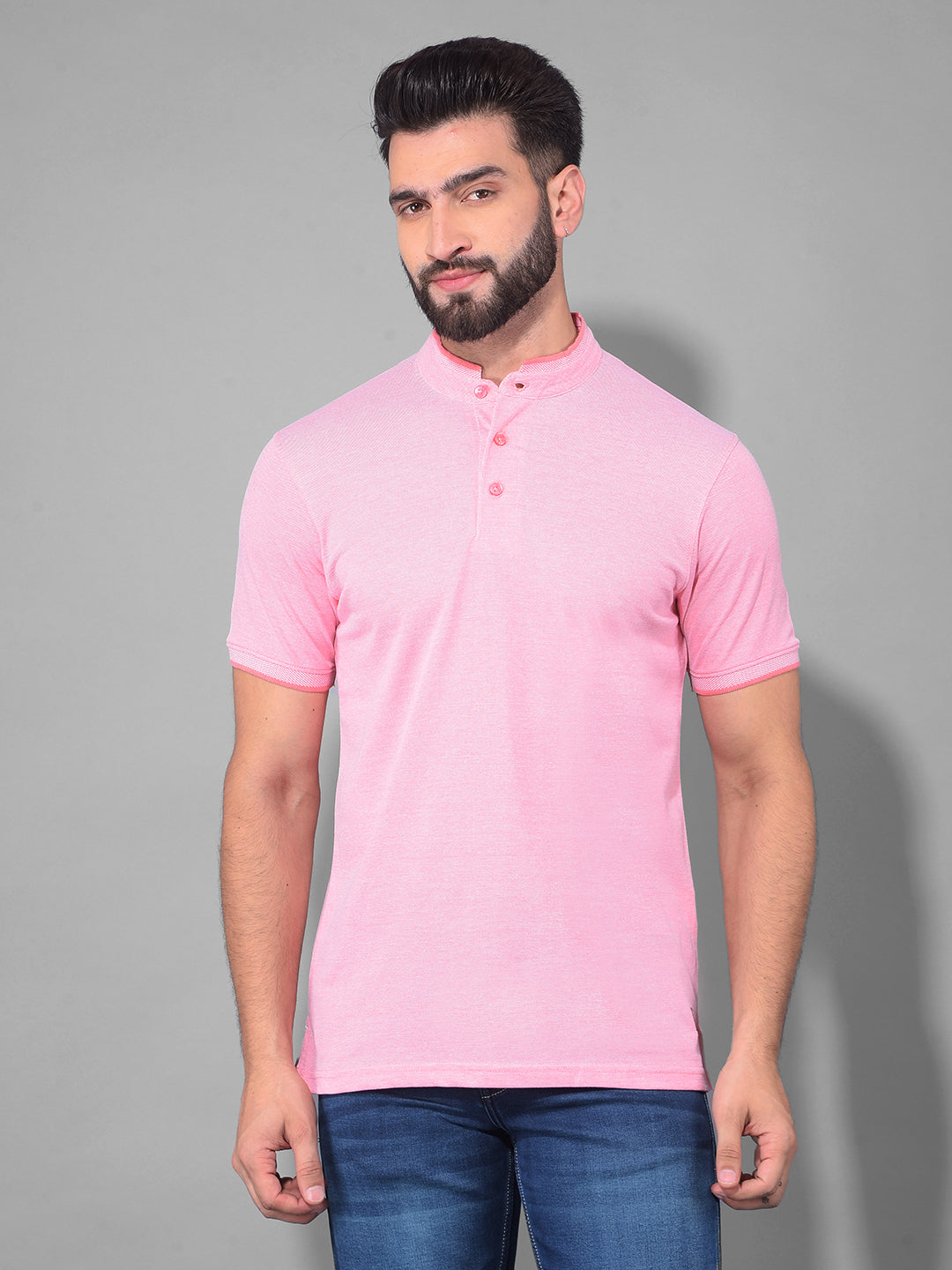 cobb solid coral pink mandarin collar neck t-shirt